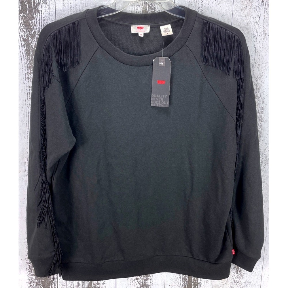 Levis Women M Black Fringe Shoulder Raglan Sleeve French Terry Sweatshirt NEW